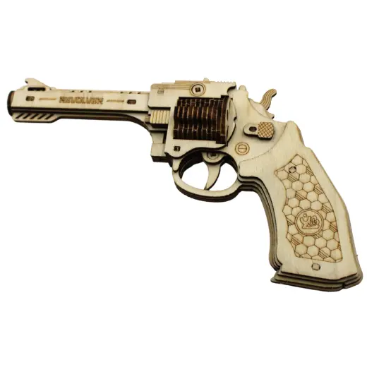 3D dřevěný model revolveru se střílením na gumičky. Dřevěná skládačka vhodná pro děti i dospělé. Caliber Gourmet Ruber Band Revolver Puzzle Wood.